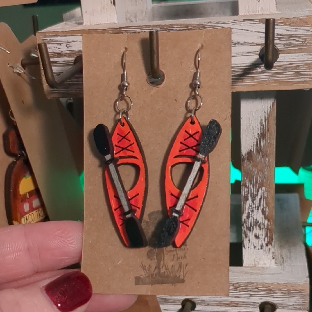 Handcrafted Orange Kayak Canoe Dangle Earrings Outdoor Adventure